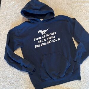 Small Navy Hoodie White Upside-Down Put Me Back On My Horse